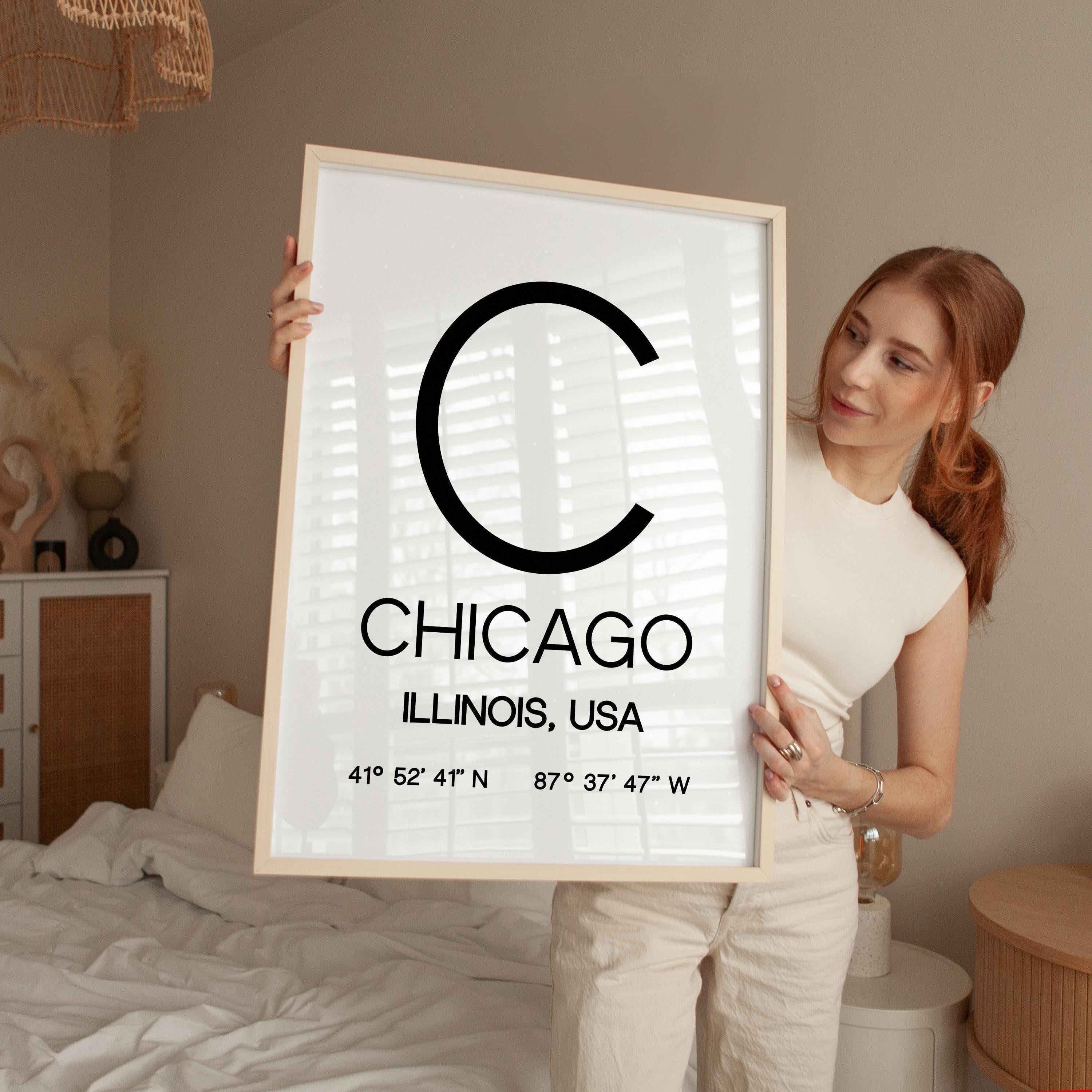 Chicago Illinois Print, Modern City Typography Decor, Minimalist Travel Art