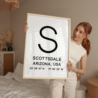 Scottsdale Arizona Wall Art, AZ Print, City GPS Coordinates, Travel Souvenir, Minimalist, Housewarming Gift