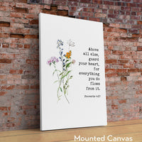 Proverbs 4:23 - Above all else, guard your heart, for everything you do flows from it. Typography Art Print with Wildflowers