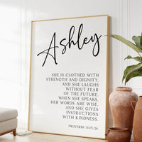 Proverbs 31:25•26 She is clothed with strength & dignity, and she laughs without fear of the future... Personalized Typography Art Print