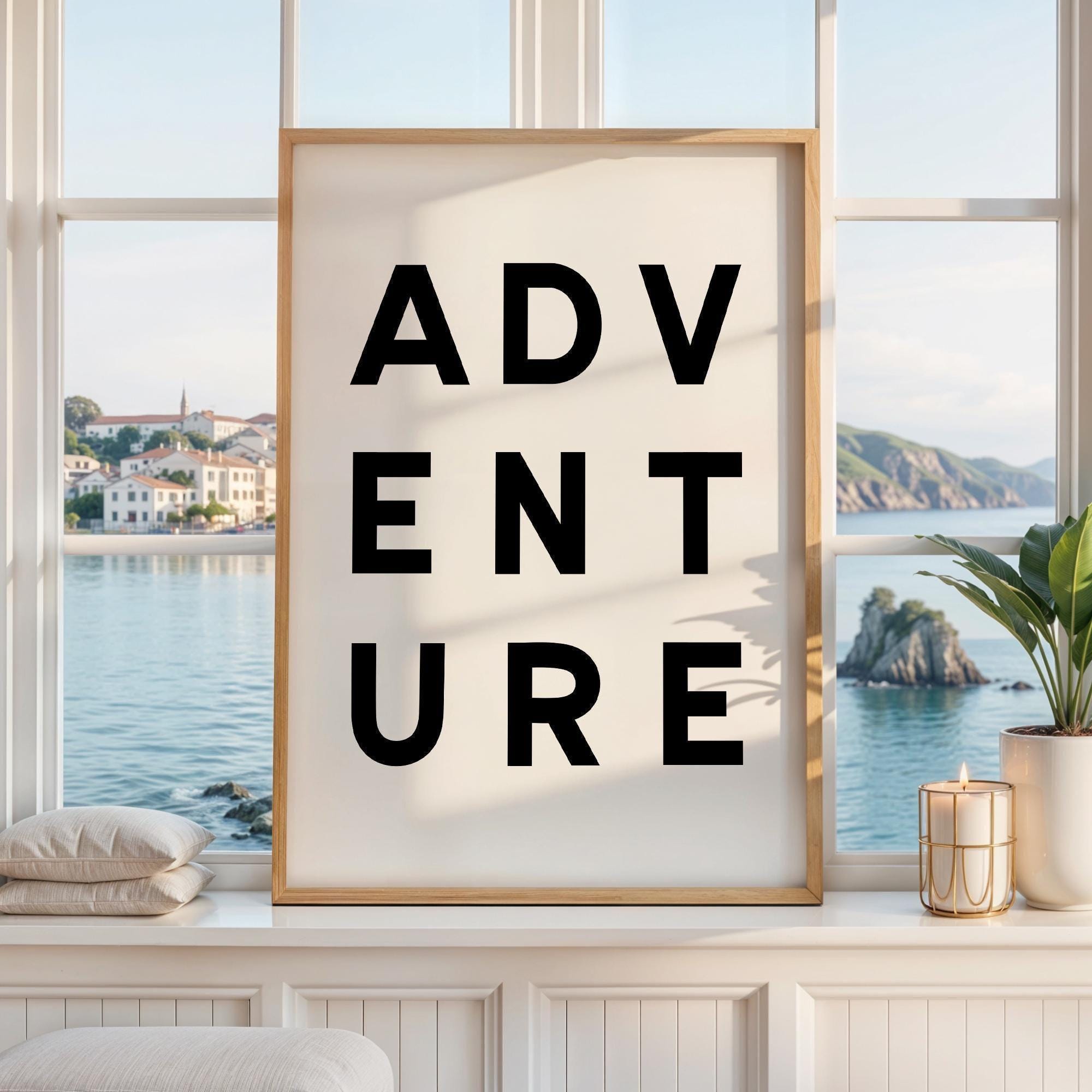 Adventure Typography Wall Art, Minimalist Black and White, Modern Travel Decor Print