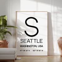 Seattle, Washington with GPS Coordinates Typography Wall Art Print, Office, Home Decor, Restaurant, Apartment, Condo • Gift