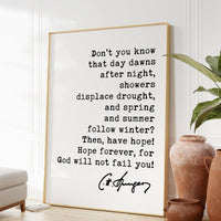 Charles Spurgeon Quote, Don't you know that day dawns after night, showers displace drought ... for God will not fail you! Art Print