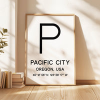 Pacific City, Oregon with GPS Coordinates Typography Minimalist Art Print