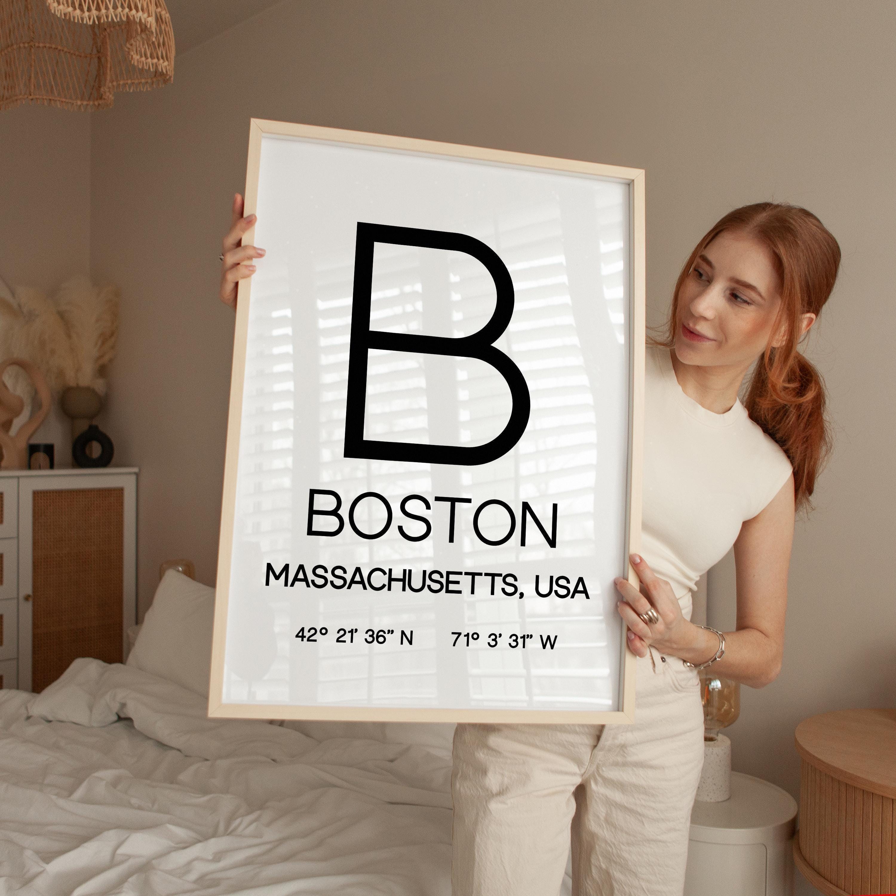 Boston Massachusetts Typography Print, Coordinates Wall Art, Modern Decor, Travel Gift