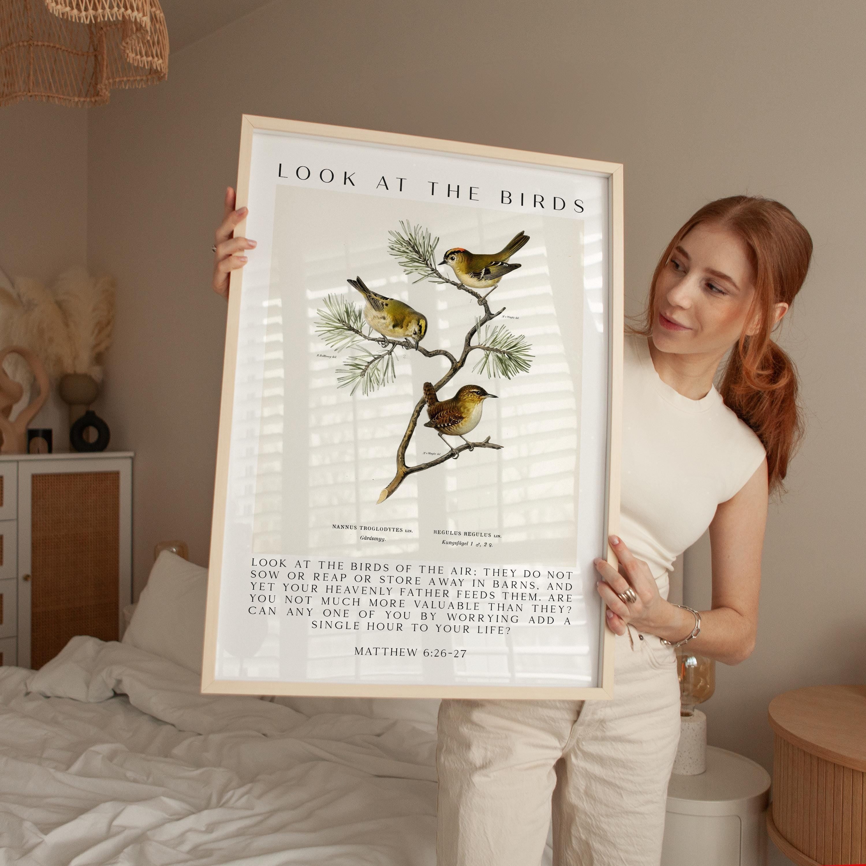 Matthew 6:26-27 Bible Verse Print, Look at the Birds Scripture Wall Art