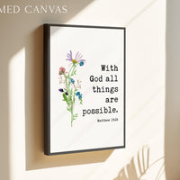 Matthew 19:26 Verse Print, With God All Things Are Possible, Christian Art, Floral