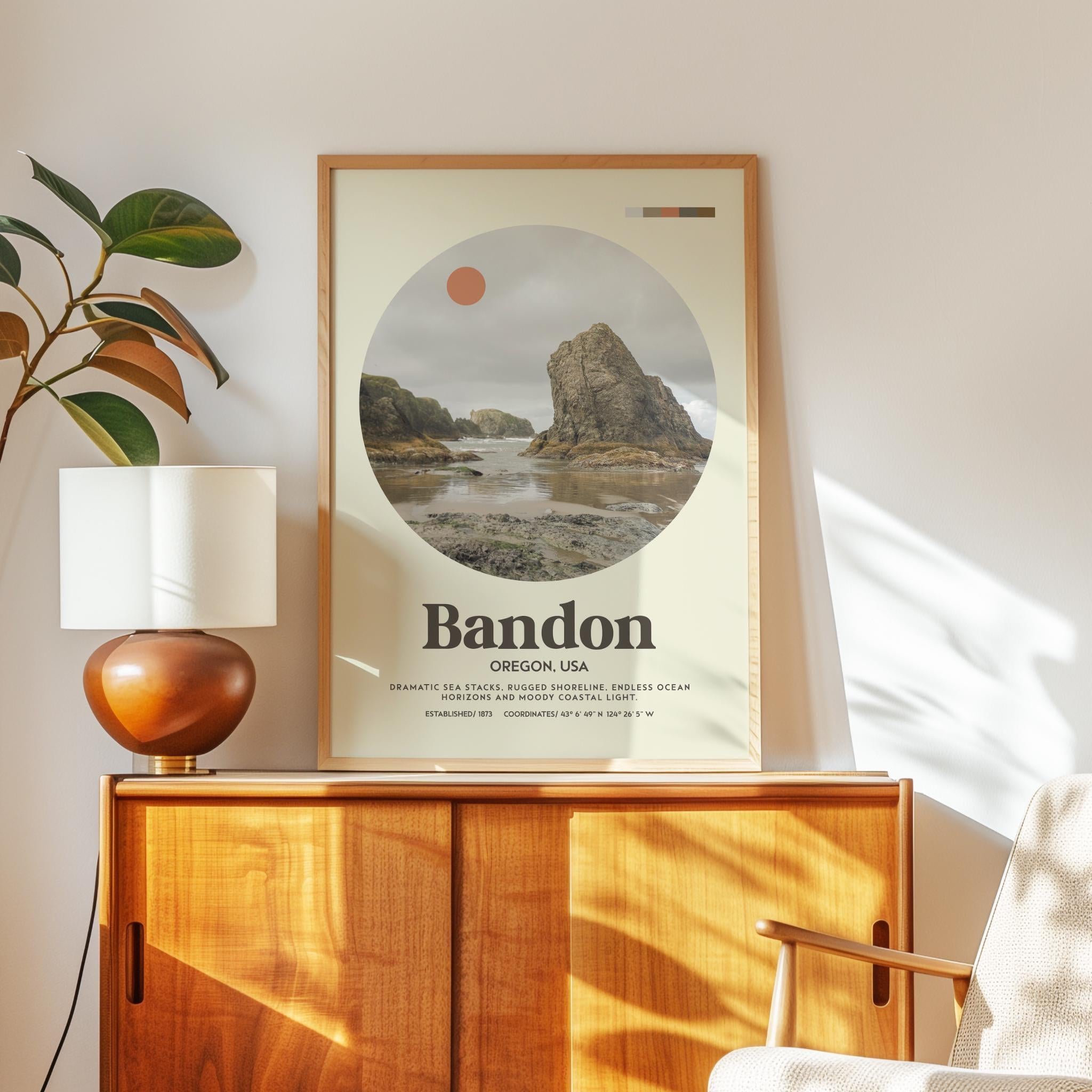 Bandon Oregon Mid Century Print, Oregon Coast Wall Art, Retro Travel Poster, PNW Decor