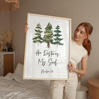 He Restores My Soul, Psalm 23, Watercolor Trees, Typography Art Print