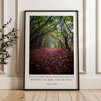 A framed photograph of a forest path covered in fallen leaves, with a quote by John Muir superimposed on the image.