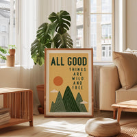 All Good Things Are Wild And Free Print, Retro Mountain Wall Art, Thoreau Quote