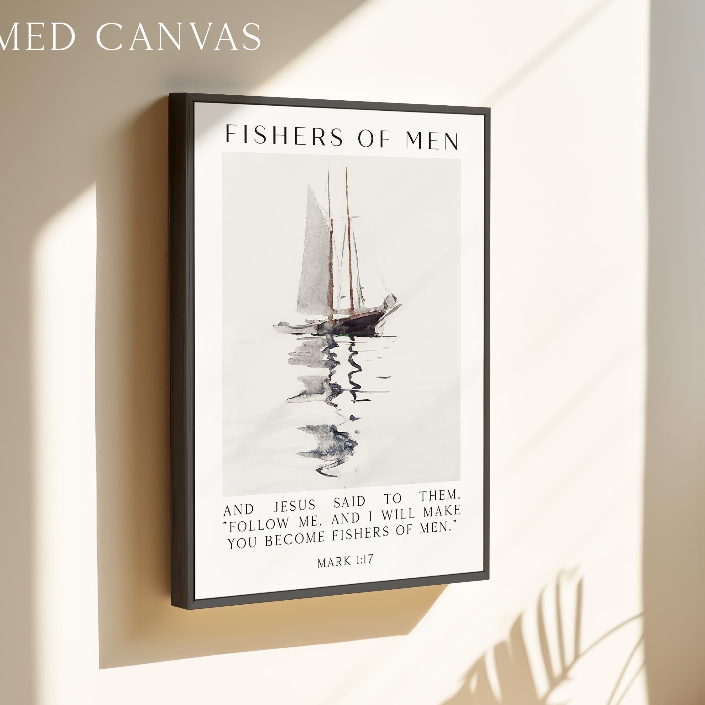 Fishers of Men Wall Art, Mark 1:17 Scripture Print, Christian Nautical Typography Artwork for Home & Church Décor