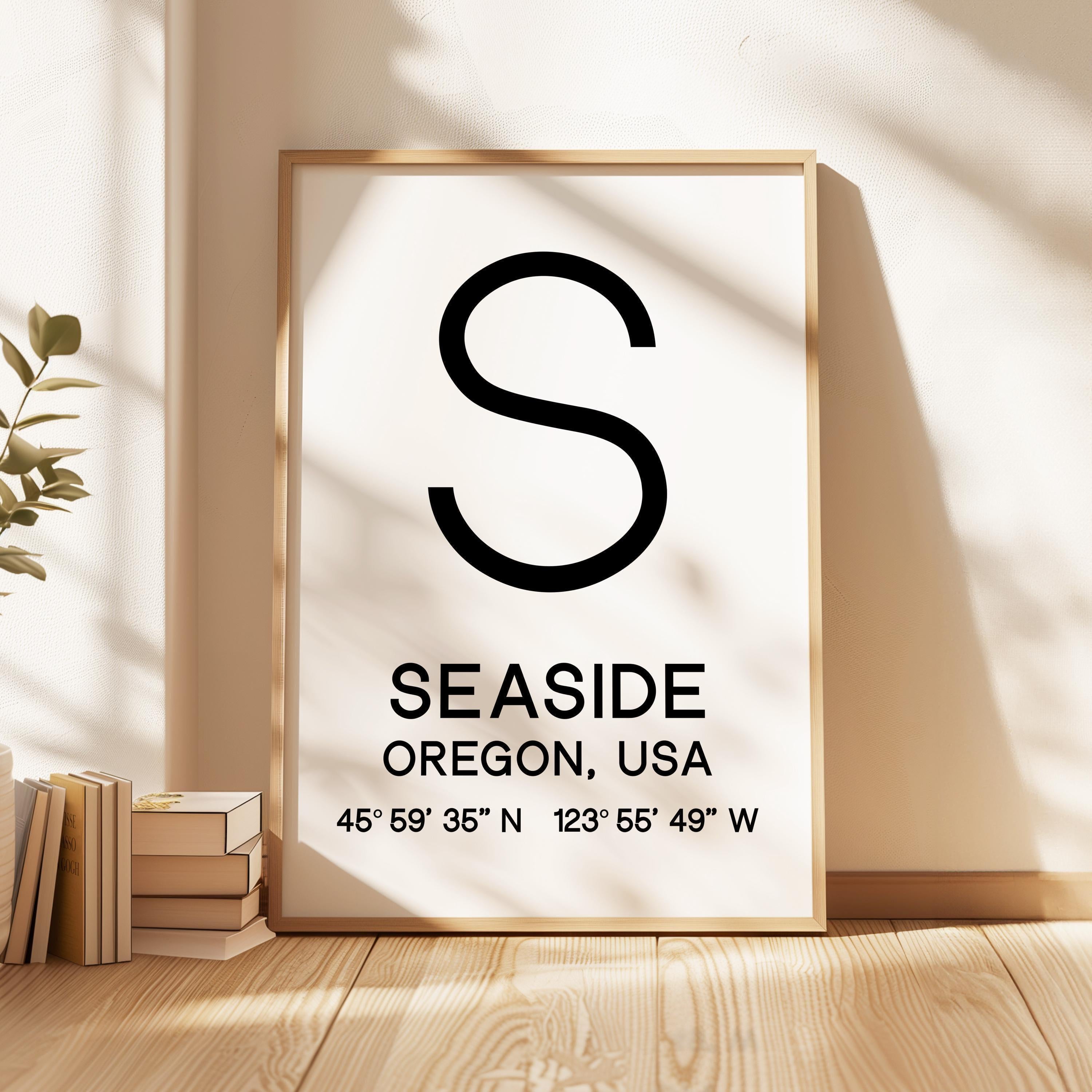 Seaside, Oregon with GPS Coordinates Minimalist Art Print, Travel, Coast