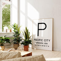 Pacific City, Oregon with GPS Coordinates Typography Minimalist Art Print