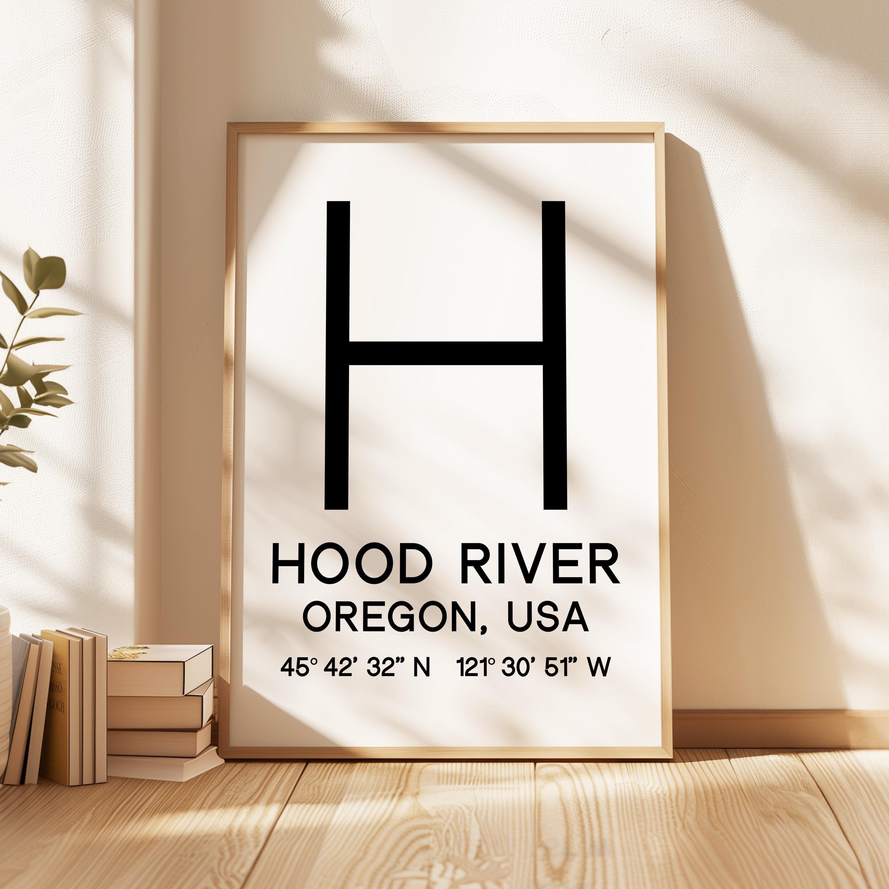 Hood River, Oregon with GPS Coordinates Typography Art Print, Minimalist Wall Art