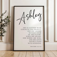 Proverbs 31:25•26 She is clothed with strength & dignity, and she laughs without fear of the future... Personalized Typography Art Print