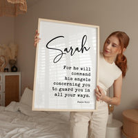 Psalm 91:11 For he will command his angels concerning you to guard you in all your ways. Personalized Typography Art Print