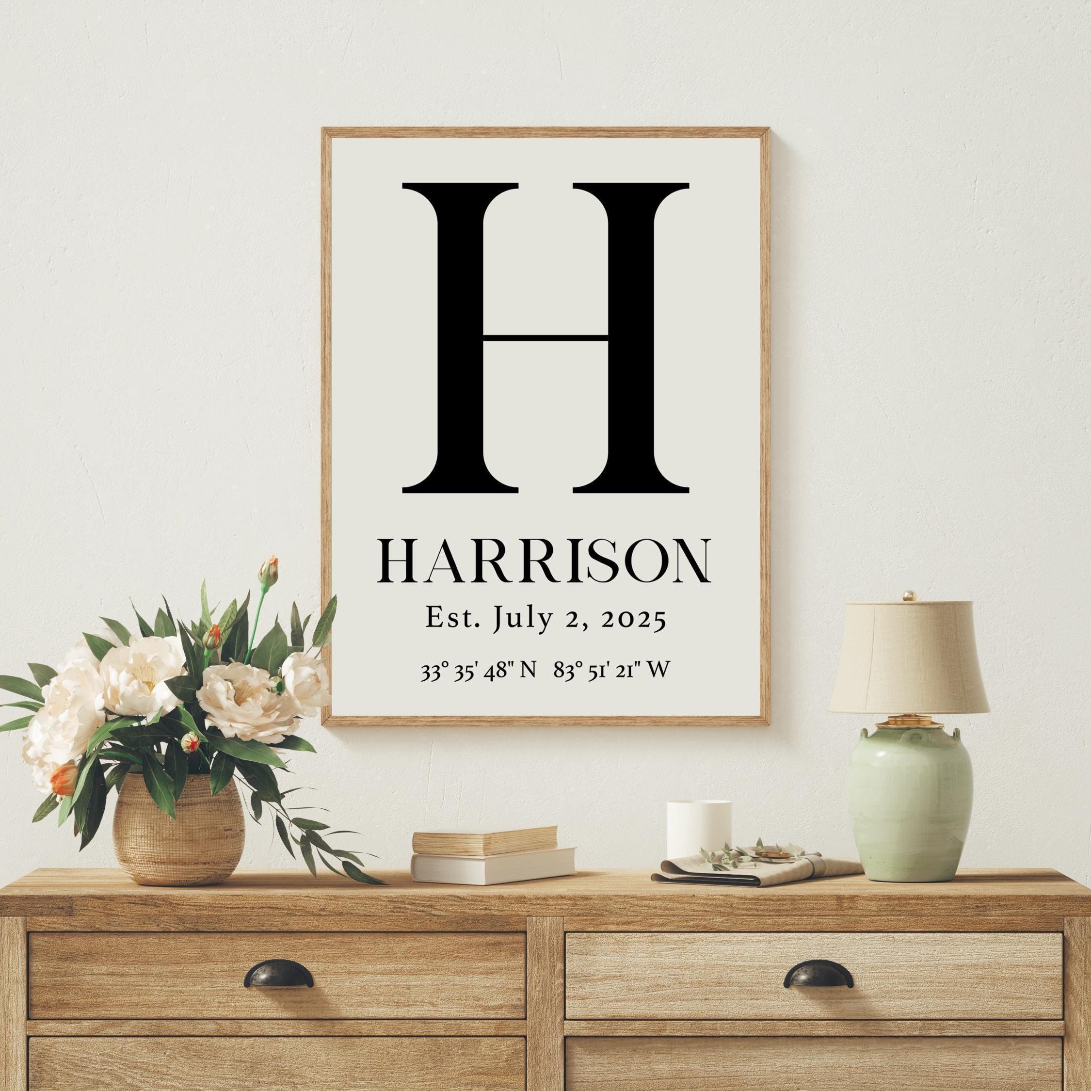 Personalized Family Monogram Sign with Name, Established Date, GPS, Typography Art Print, Great for Housewarmings, Anniversaries, Weddings