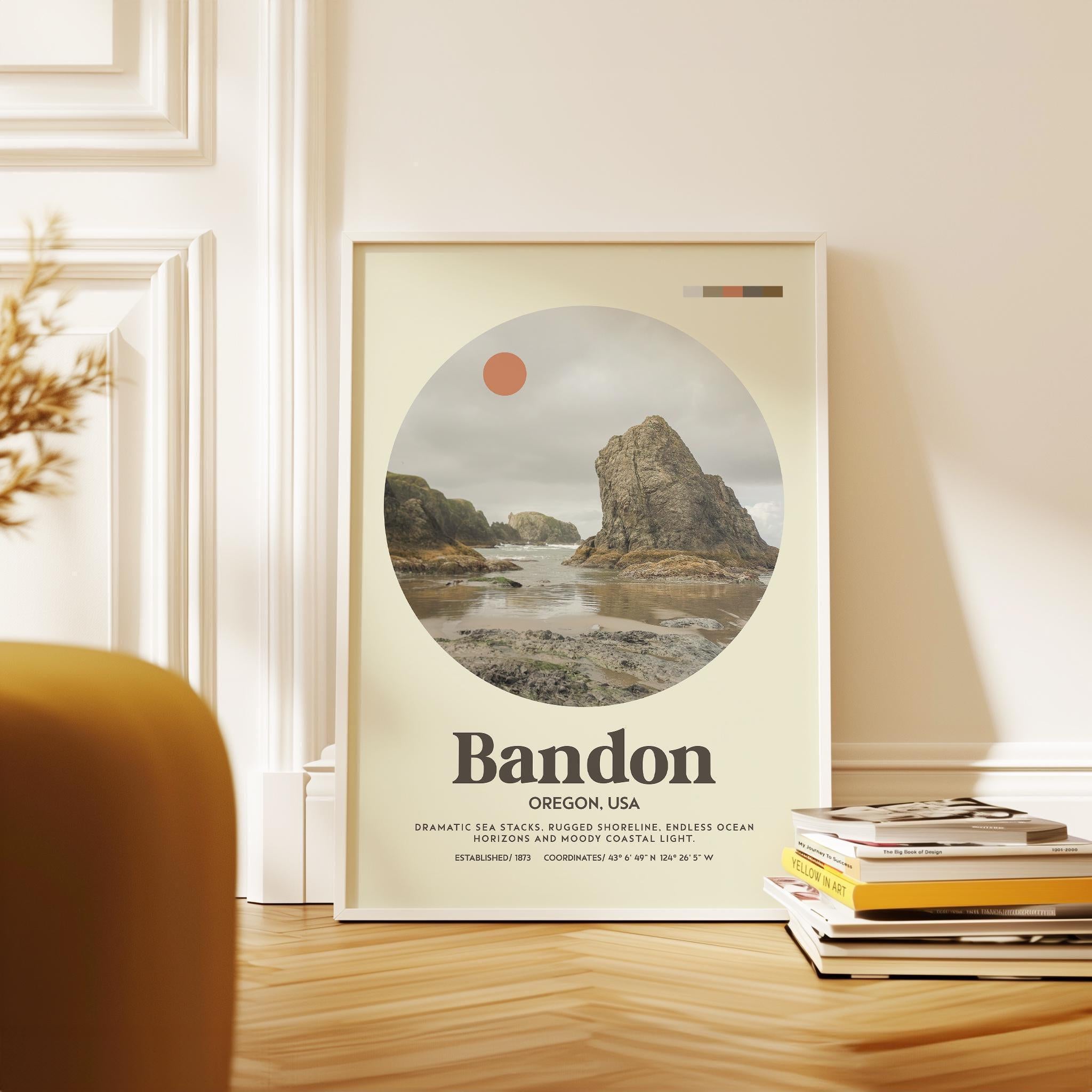 Bandon Oregon Mid Century Print, Oregon Coast Wall Art, Retro Travel Poster, PNW Decor