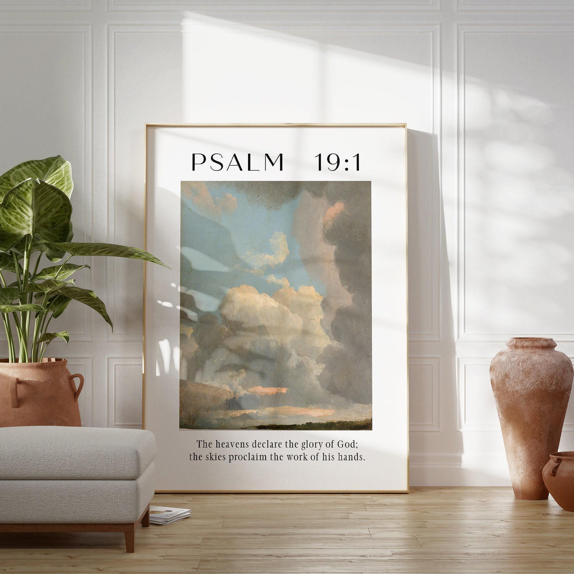 Psalm 19:1 The heavens declare the glory of God. Typography Art Print - Typography - Christian - Scripture - Cloud Study John Constable