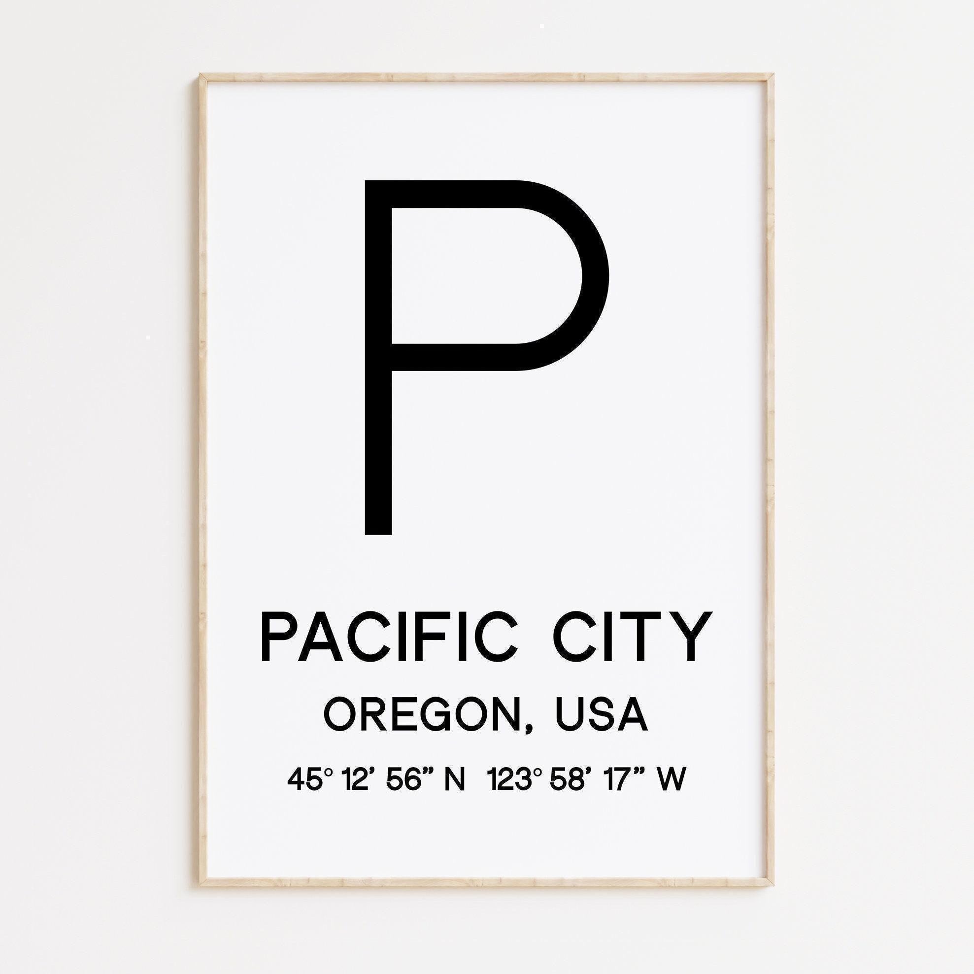 Pacific City, Oregon with GPS Coordinates Typography Minimalist Art Print