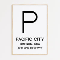 Pacific City, Oregon with GPS Coordinates Typography Minimalist Art Print