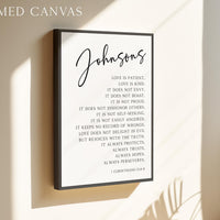 Personalized Family Name Scripture Print, Love Is Patient Kind, 1 Corinthians 13:4-8, Anniversary Gift