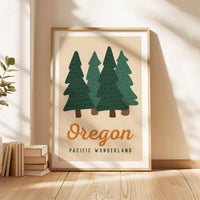 Oregon Pacific Wonderland Retro Art Print, Forest Trees, PNW Travel, Travel Gift Decor