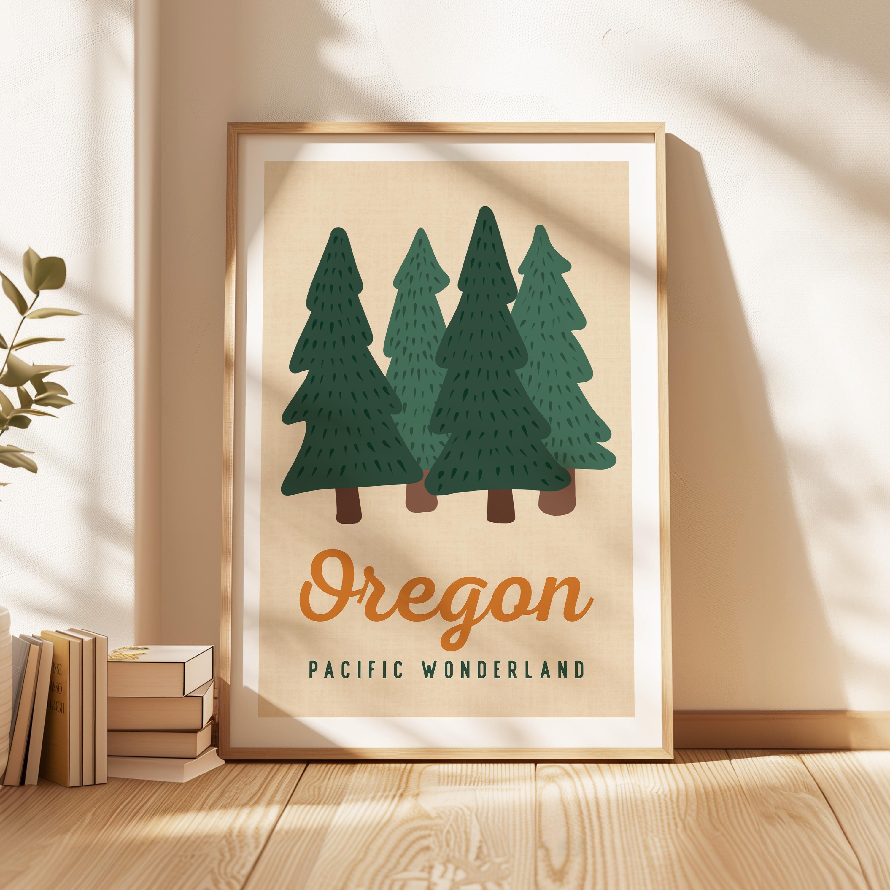 Oregon Pacific Wonderland Retro Art Print, Forest Trees, PNW Travel, Travel Gift Decor
