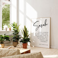 Matthew 19:26 "With man this is impossible, but with God all things are possible.",  Personalized with Name,  Typography Art Print
