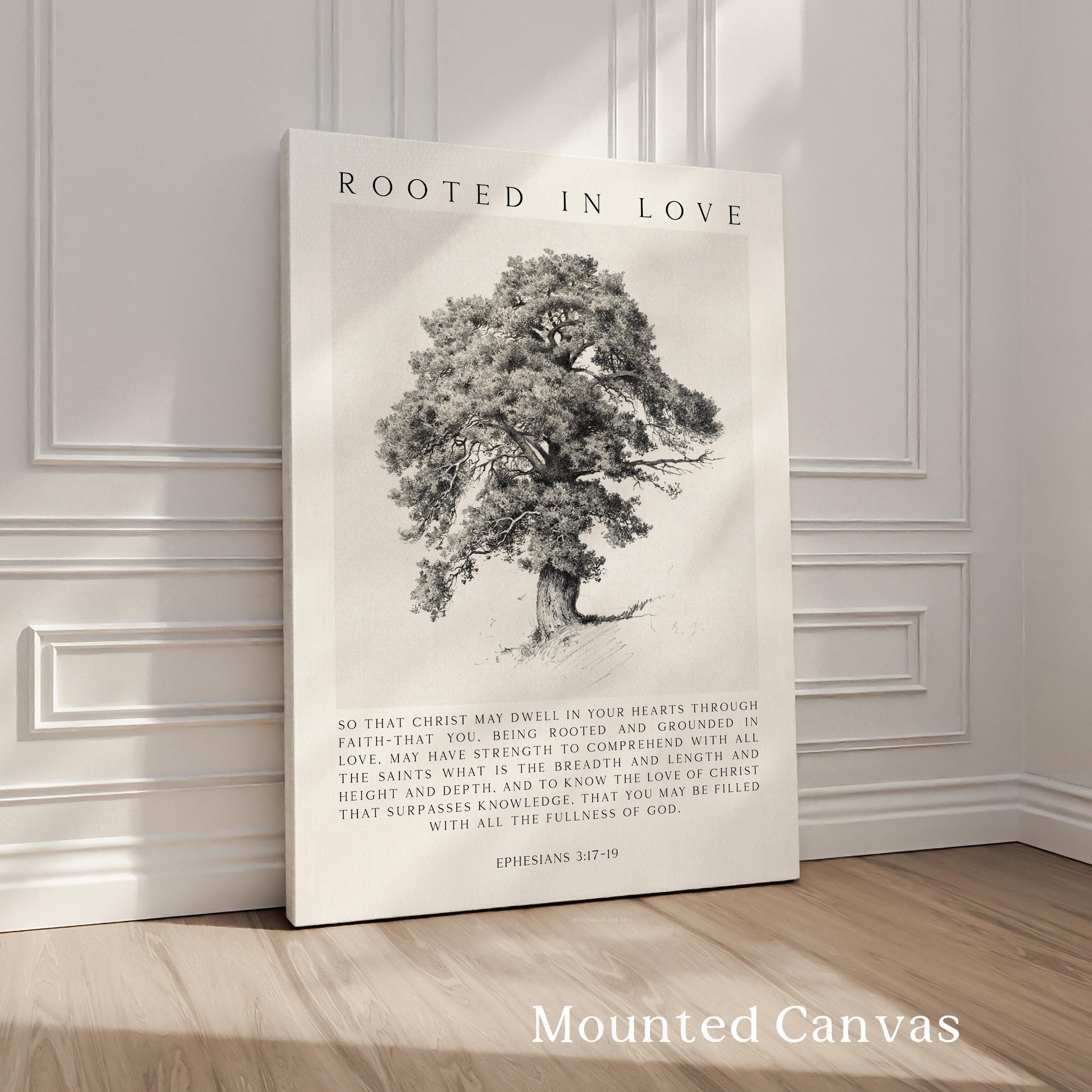 Rooted in Love Scripture Print – Ephesians 3:17-19 Christian Wall Art with Tree Illustration