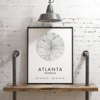 Atlanta, Georgia City Street Map, with GPS Art Print,  Office - Home Decor - Restaurant - Apartment - Condo - Typography
