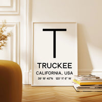 Truckee, California with GPS Coordinates Minimalist Art Print,  Travel,  Ski,  Sierra Nevada