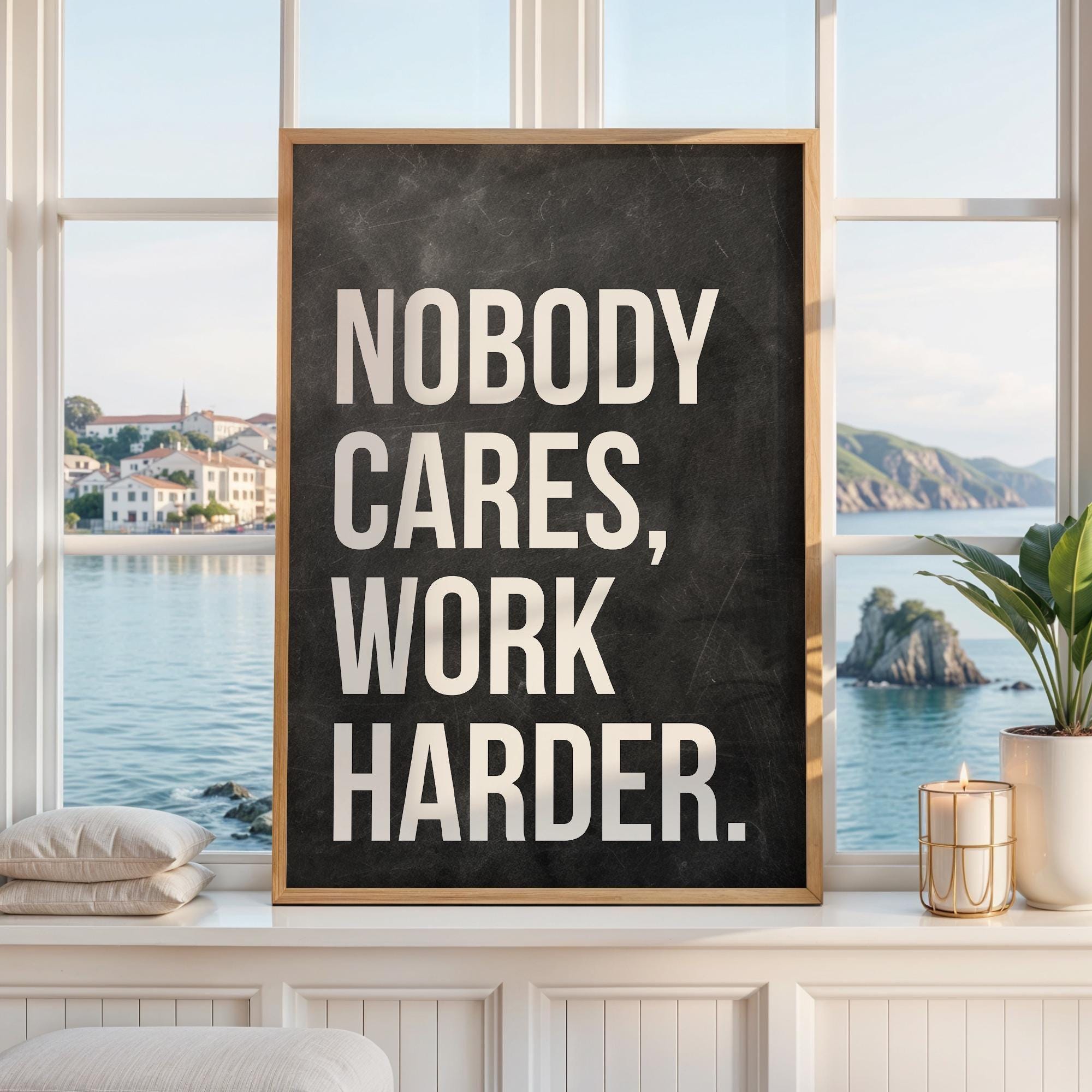 May include: A rectangular framed wall art piece featuring a dark charcoal gray background with a textured, chalkboard-like appearance. The text NOBODY CARES, WORK HARDER. is printed in large, bold, white sans-serif capital letters.