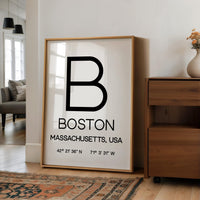 Boston Massachusetts Typography Print, Coordinates Wall Art, Modern Decor, Travel Gift