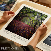 A person's hands holding a framed photograph of a forest with fallen leaves on the ground, and a quote attributed to John Muir about the importance of nature walks.