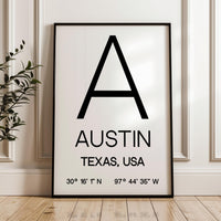 Austin, Texas with GPS Coordinates Typography Art Print