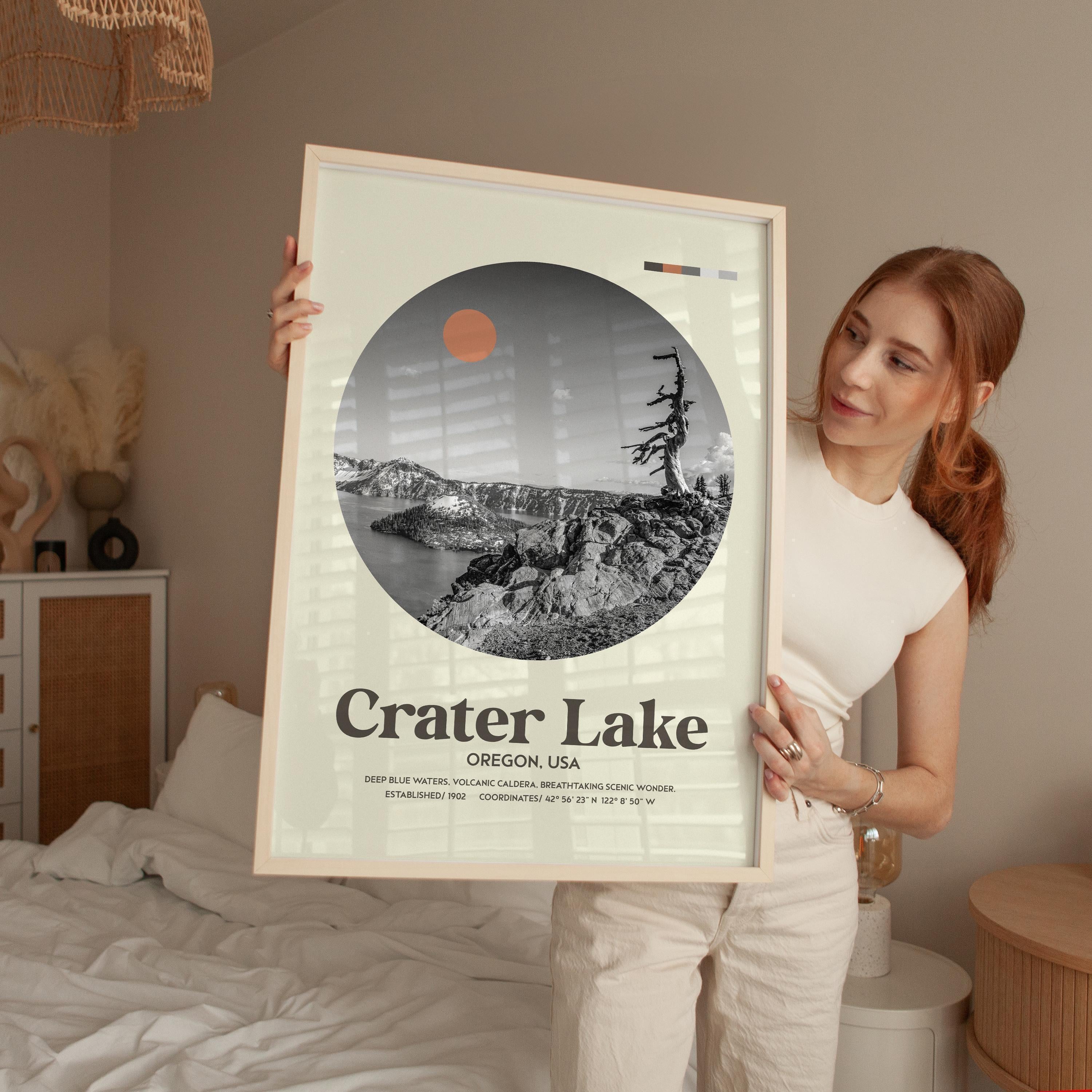 Crater Lake, Oregon,  Mid•Century Modern,  Featuring GPS Coordinates,  Typography Art Print
