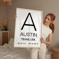 Austin, Texas with GPS Coordinates Typography Art Print