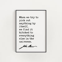 John Muir Quote,  When we try to pick out anything by itself, we find it hitched to everything else in the universe. Art Print