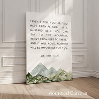 Matthew 17:20 Faith as Small as a Mustard Seed Art Print with Watercolor Mountains,  Religious Scripture - Bible Verse