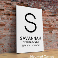 Savannah, Georgia with GPS Coordinates Typography Minimalist Art Print