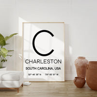 Charleston, South Carolina with GPS Coordinates Typography Art Print,  Office - Home Decor - Restaurant - Apartment - Condo - Gift Ideas