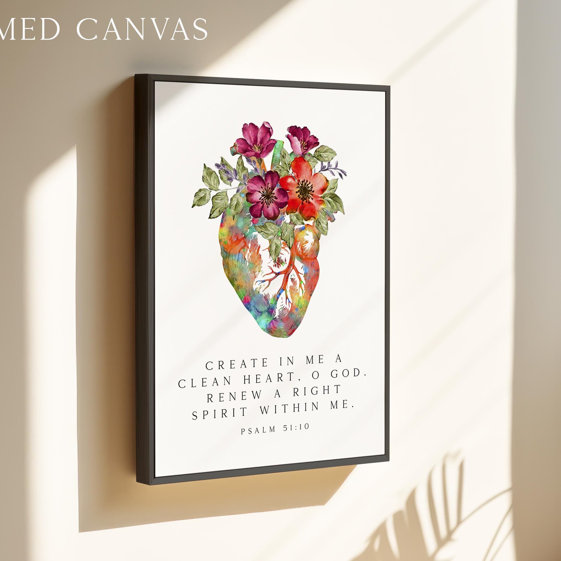 Psalm 51:10 Wall Art, Create In Me Clean Heart Print, Christian Floral Bible Decor