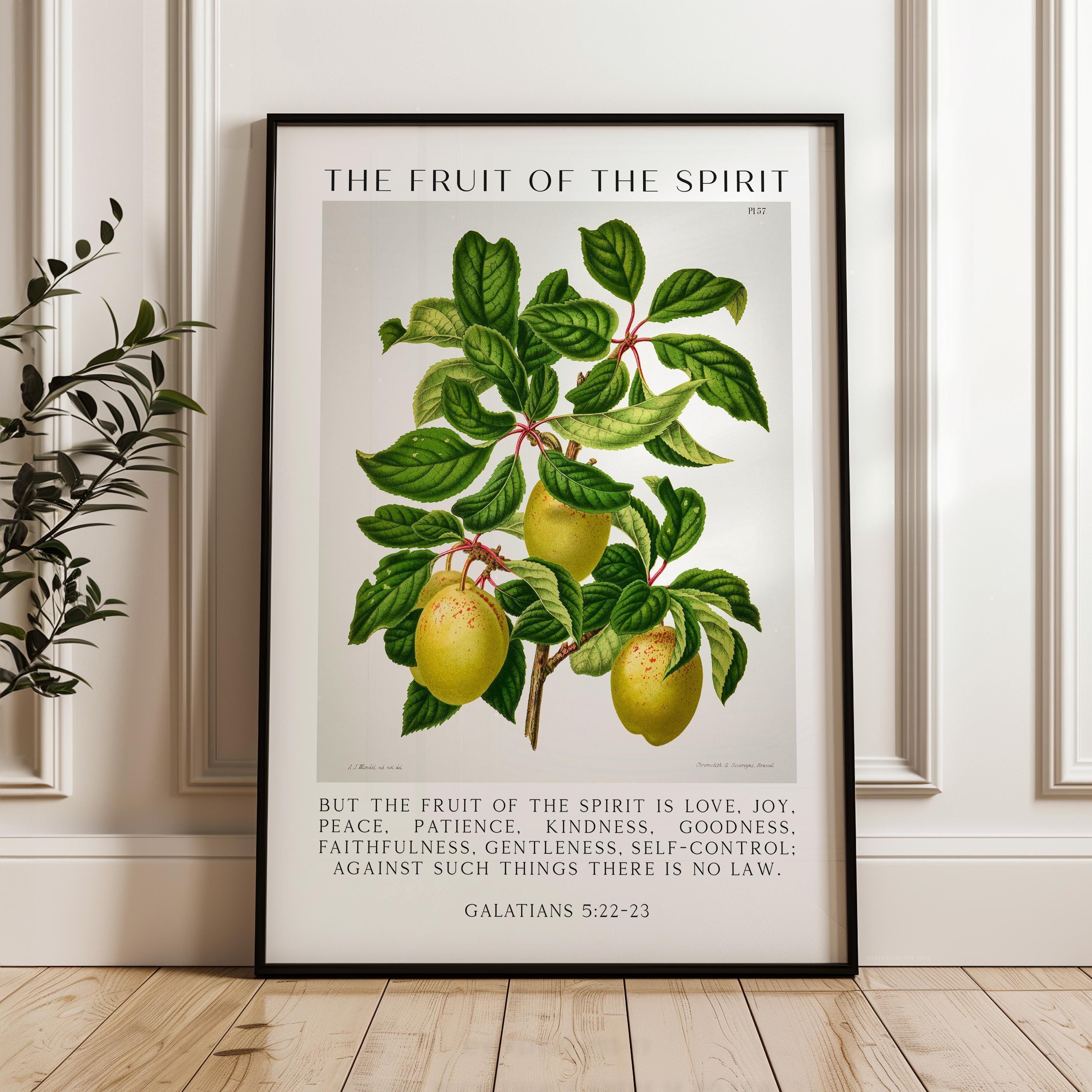 Fruit of the Spirit Typography Wall Art,  Galatians 5:22–23 Scripture Print,  Christian Botanical Plum Illustration Home Décor