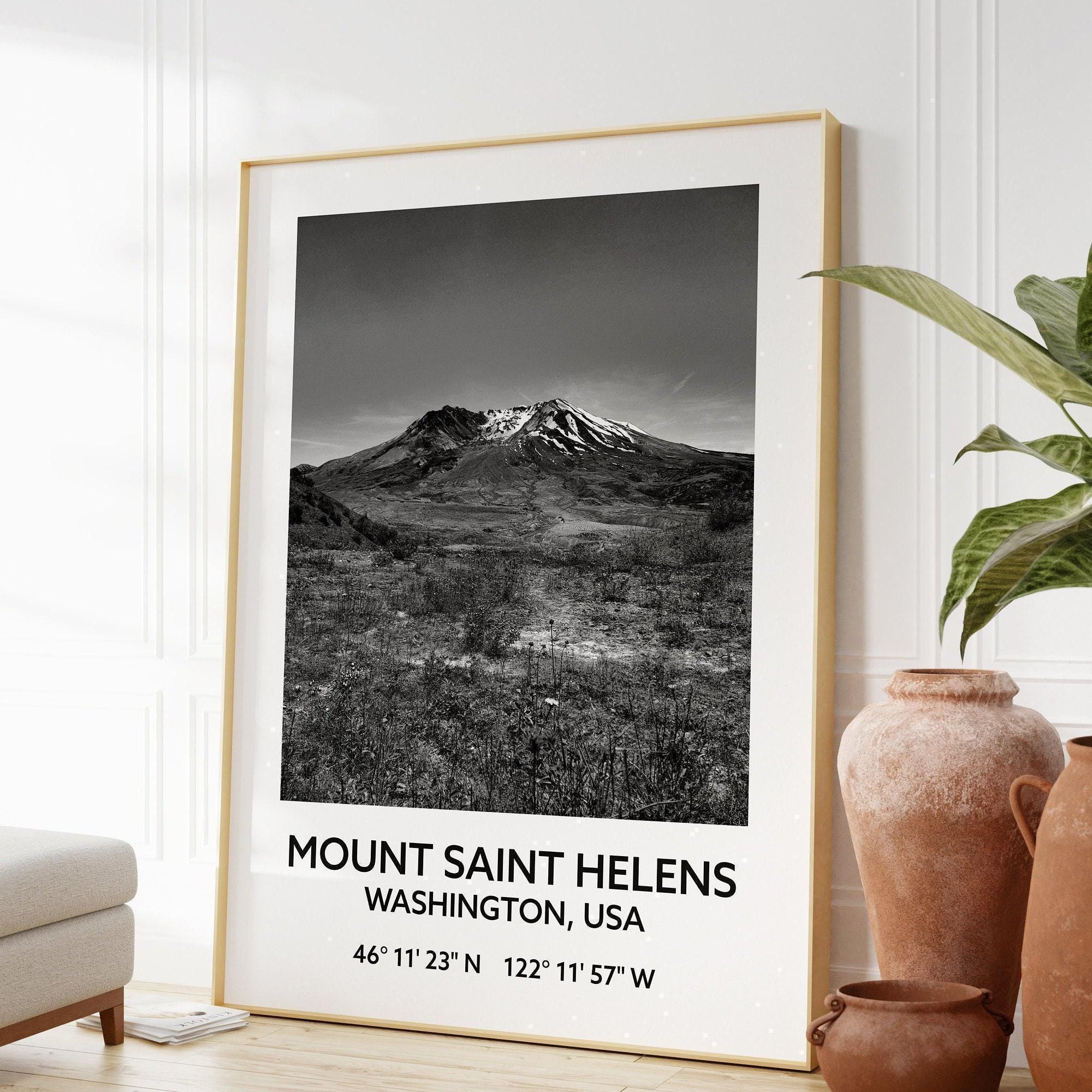 Mount Saint Helens Washington USA with GPS Coordinates Black & White Photography Art Print,  Travel - Hiking - Nature - Wildflowers