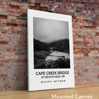 Cape Creek Bridge At Heceta Head, Oregon with GPS Coordinates Black & White Art Print,  Travel - Oregon - Hwy 101 - Oregon Coast
