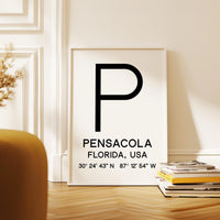Pensacola, Florida with GPS Coordinates Minimalist Typography Art Print