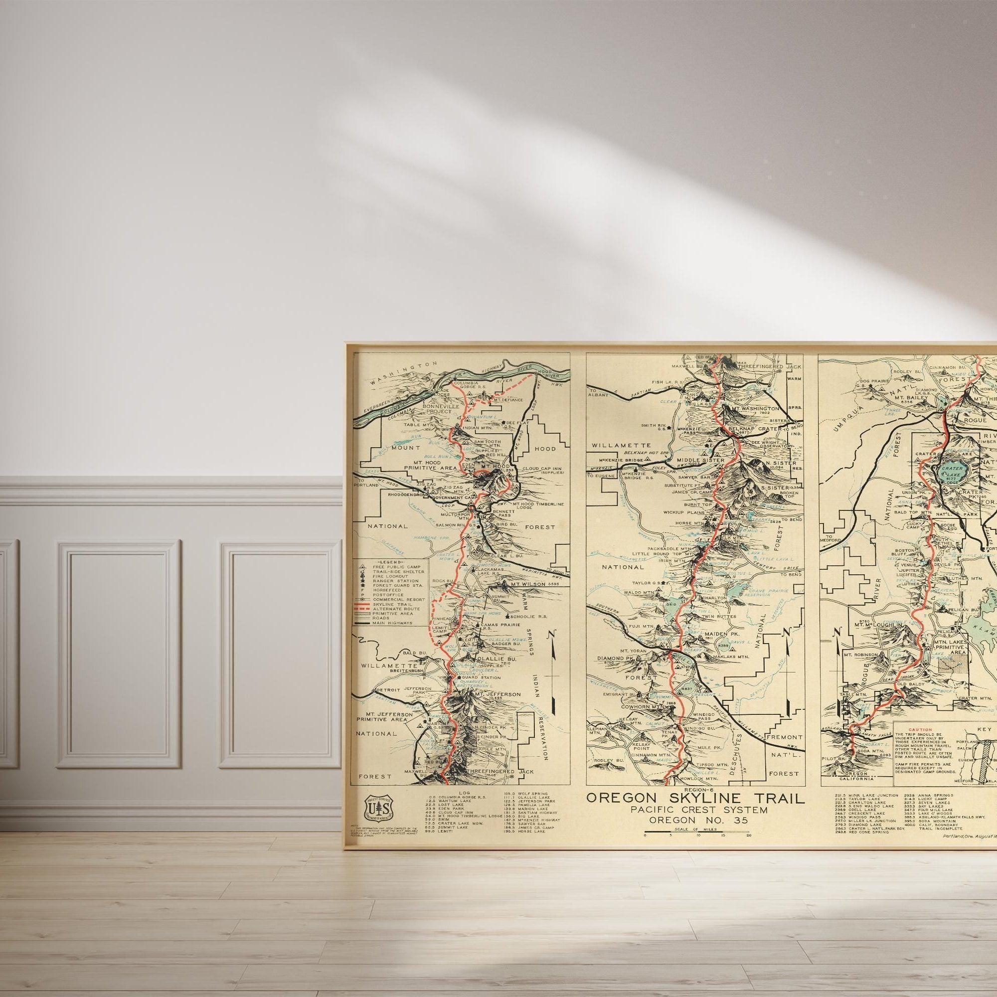 Oregon Skyline Trail: Vintage Trail Map Art Print,  1936 US Forest Service