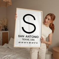 San Antonio, Texas Wall Art, GPS Coordinates Print, City Typography, Travel Decor